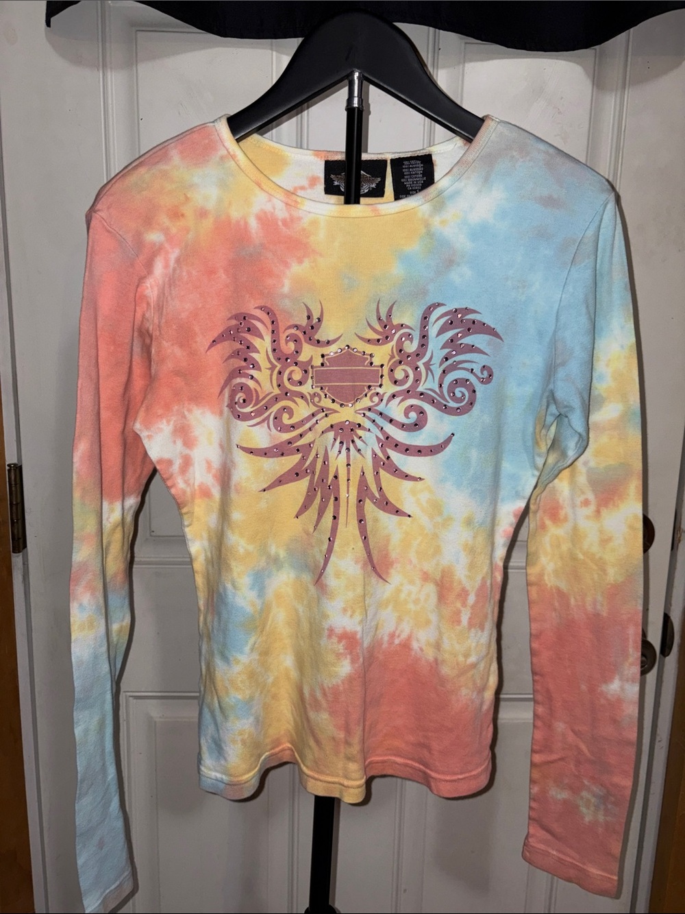 Y2K Harley Davidson Long Sleeve Tie Dye Rhinestone Logo